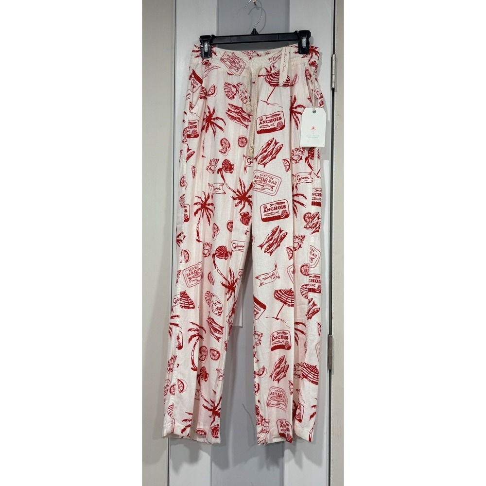 Beach Pants April Kiss M Red White Linen Rayon Coastal Print NWT